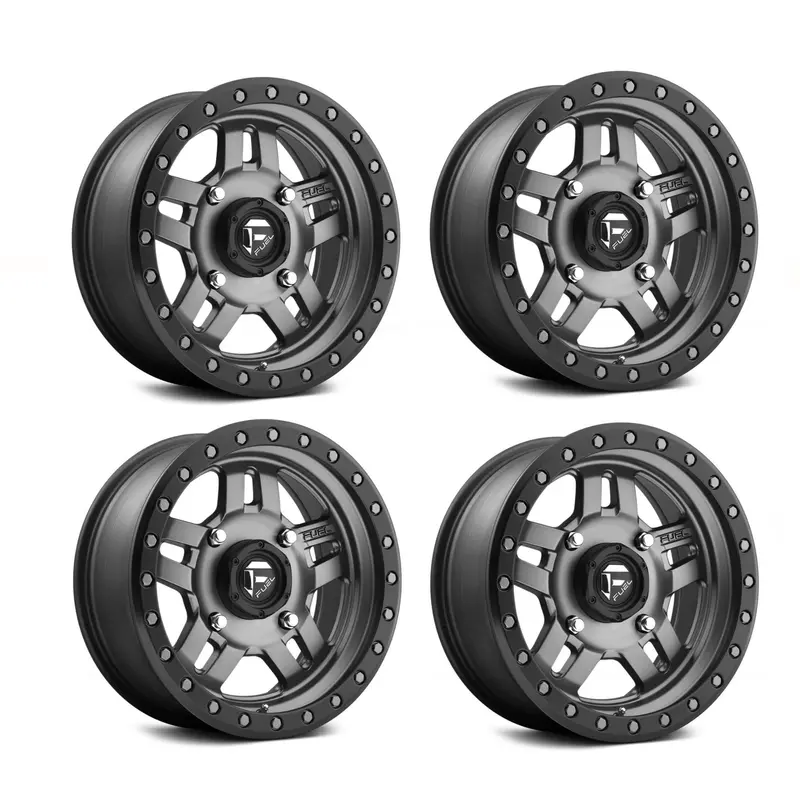 (4) 15X7 Fuel Utv D558 Anza Gunmetal/Black Ring Wheels 4X156 +13 Offset 4.51" Backspacing 1