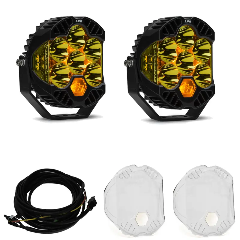 Baja Designs Lp6 Pro Led Spot Amber Light Pod Kit W/ Wiring & Clear Rock Guards 1
