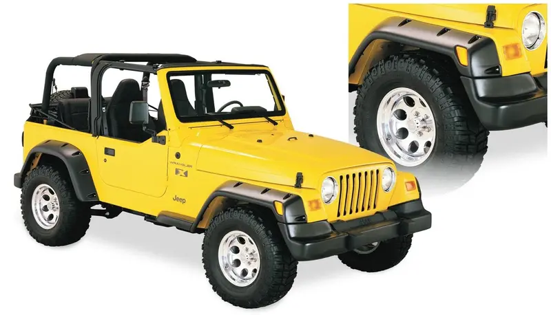 Bushwacker 10913-07 Black Large Pocket/Rivet Style Textured Finish 4-Piece Fender Flare Set For 1997-2006 Jeep Wrangler Tj, Euro Rubicon Conversion Package 1