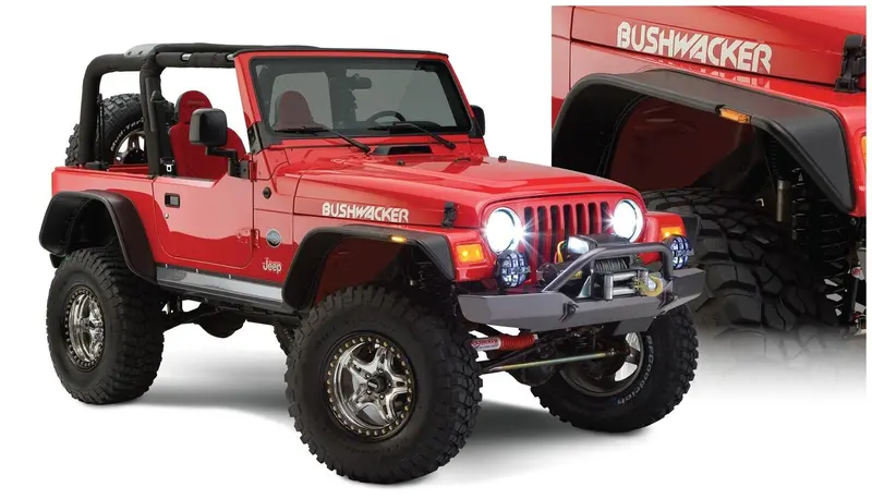 Bushwacker 10920-07 Black Jeep Flat Style Textured Finish 4-Piece Fender Flare Set For 1997-2006 Jeep Wrangler Tj 1