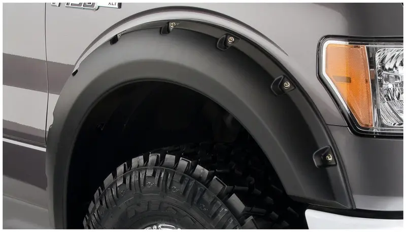 Bushwacker 20049-02 Black Pocket/Rivet Style Smooth Finish Front Fender Flares For 1999-2007 Ford F-250 To F-550 Super Duty 1