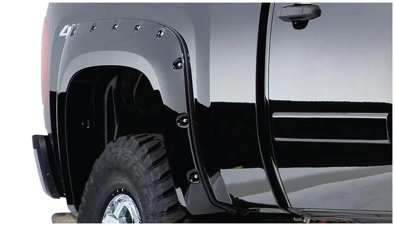 Bushwacker 40094-02 Black Pocket/Rivet Style Smooth Finish Rear Fender Flares For 2007-2013 Chevrolet Silverado 1500; Fits 69.3 In. Bed 1