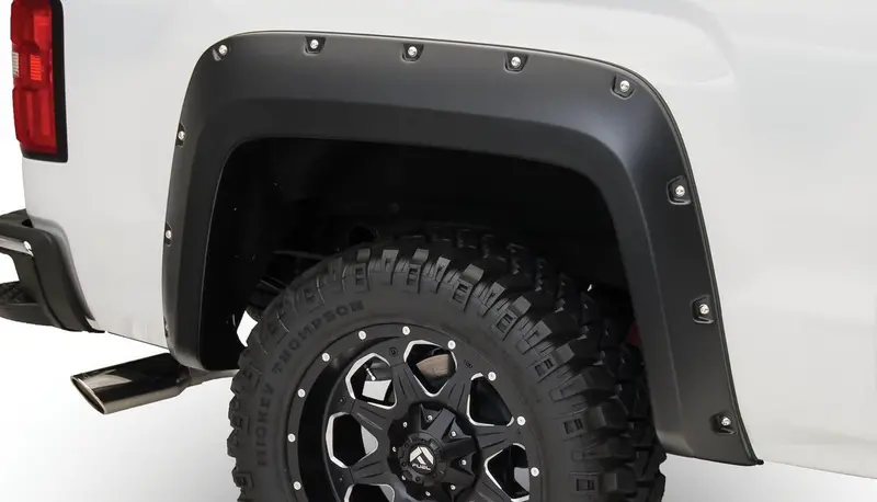 Bushwacker 40122-02 Black Pocket/Rivet Style Smooth Finish Rear Fender Flares For 2014-2018 Sierra 1500 (Incl Limited); 2015-2018 Sierra 2500 Hd/3500 Hd (Excludes Dually) 1