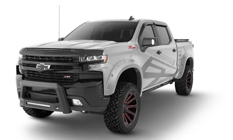 Bushwacker 40927-54 Pocket/Rivet Style Color Matched Silver Ice Metallic 4-Piece Fender Flare Set For 20-21 Chevrolet Silverado 1500; 2022 Chevrolet Silverado 1500 Ltd 1