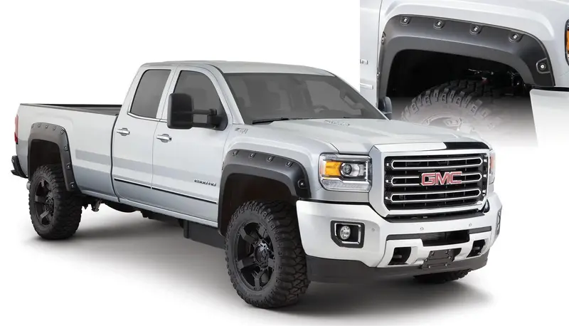 Bushwacker 40968-02 Black Boss Pocket/Rivet Style Smooth Finish 4-Piece Fender Flare Set For 2015-2019 Gmc Sierra 2500 Hd/3500 Hd 1