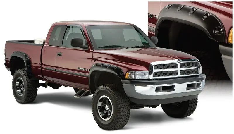 Bushwacker 50908-02 Black Pocket/Rivet Style Smooth Finish 4-Piece Fender Flare Set For 1994-2001 Dodge Ram 1500; 1994-2002 Ram 2500, 3500 (Excludes Dually); Fit 78/96 In. Bed 1