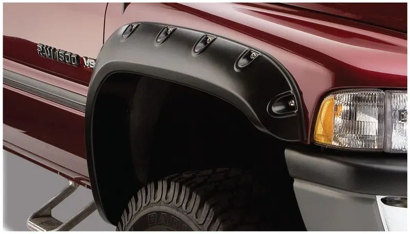 Bushwacker 50908-02 Black Pocket/Rivet Style Smooth Finish 4-Piece Fender Flare Set For 1994-2001 Dodge Ram 1500; 1994-2002 Ram 2500, 3500 (Excludes Dually); Fit 78/96 In. Bed 2