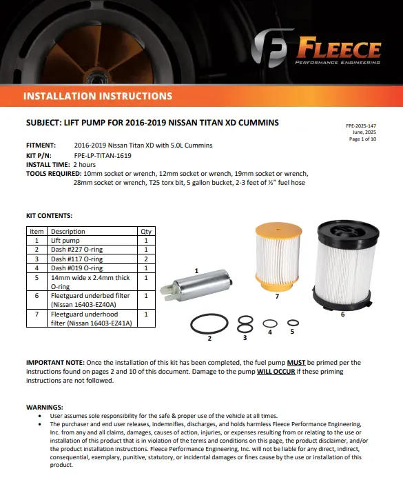 Fleece Fuel Pump Rebuild Kit Fleetguard Filters For 16–19 Nissan Titan Xd 5.0L 2