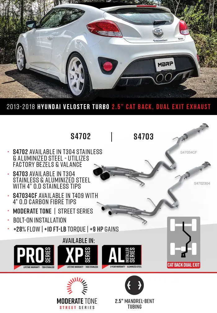 Mbrp Armor Lite 2.5 Inch Cat-Back Exhaust For 13–18 Hyundai Veloster Turbo 1.6L 2