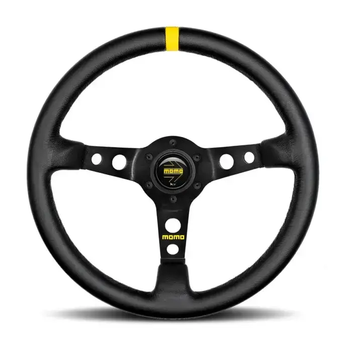 Momo Mod. 07 350Mm Steering Wheel W/ Black Leather - Black Spoke - Yellow Stripe 1