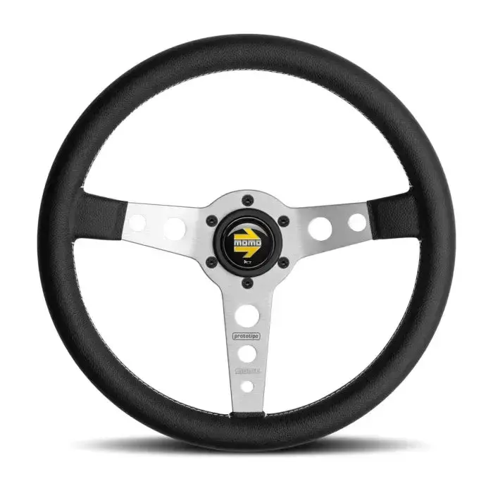 Momo Prototipo 350Mm Lightweight Brushed Aluminum Black Leather Steering Wheel 1