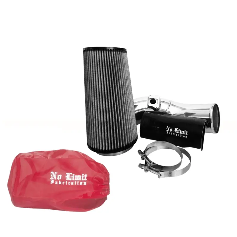 No Limit Fabrication Polished Cold Air Intake Dry Filter With Red Pre-Filter For 2004-2007 Ford 6.0L Powerstroke 1