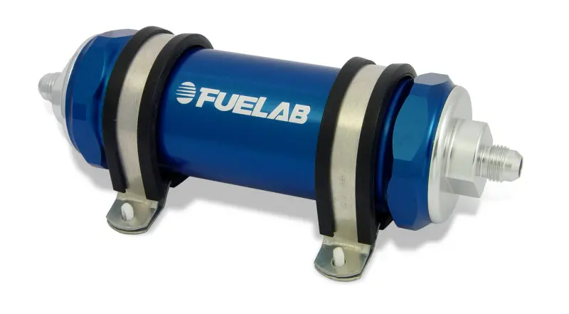 Fuelab 828 In-Line Stainless Steel Fuel Filter — -6An Fittings, 100-Micron, Blue Housing 1